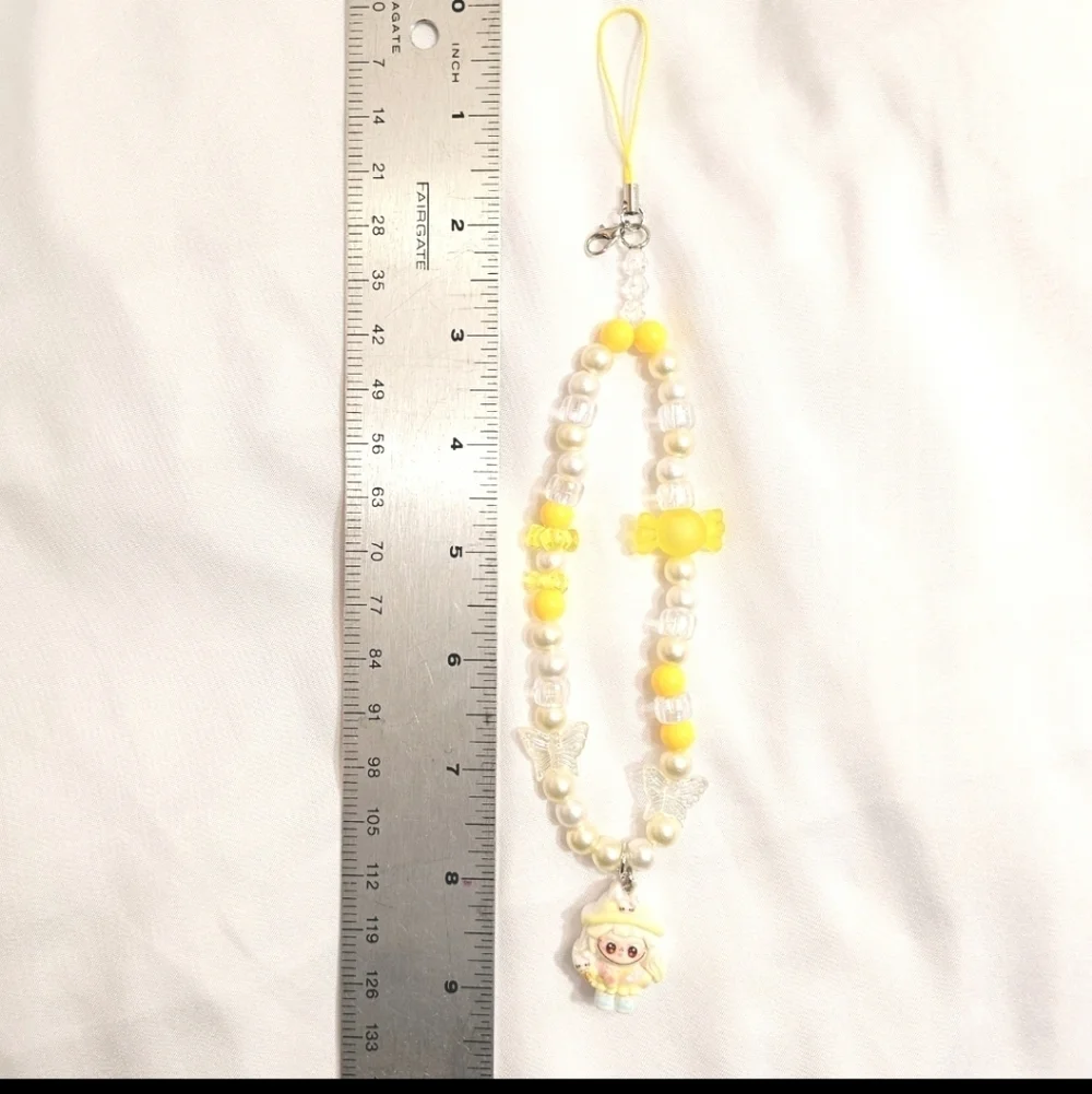 Cute Pastel Yellow Girly Dainty Elegant Beaded Labubu Phone Charm or Wrist Strap